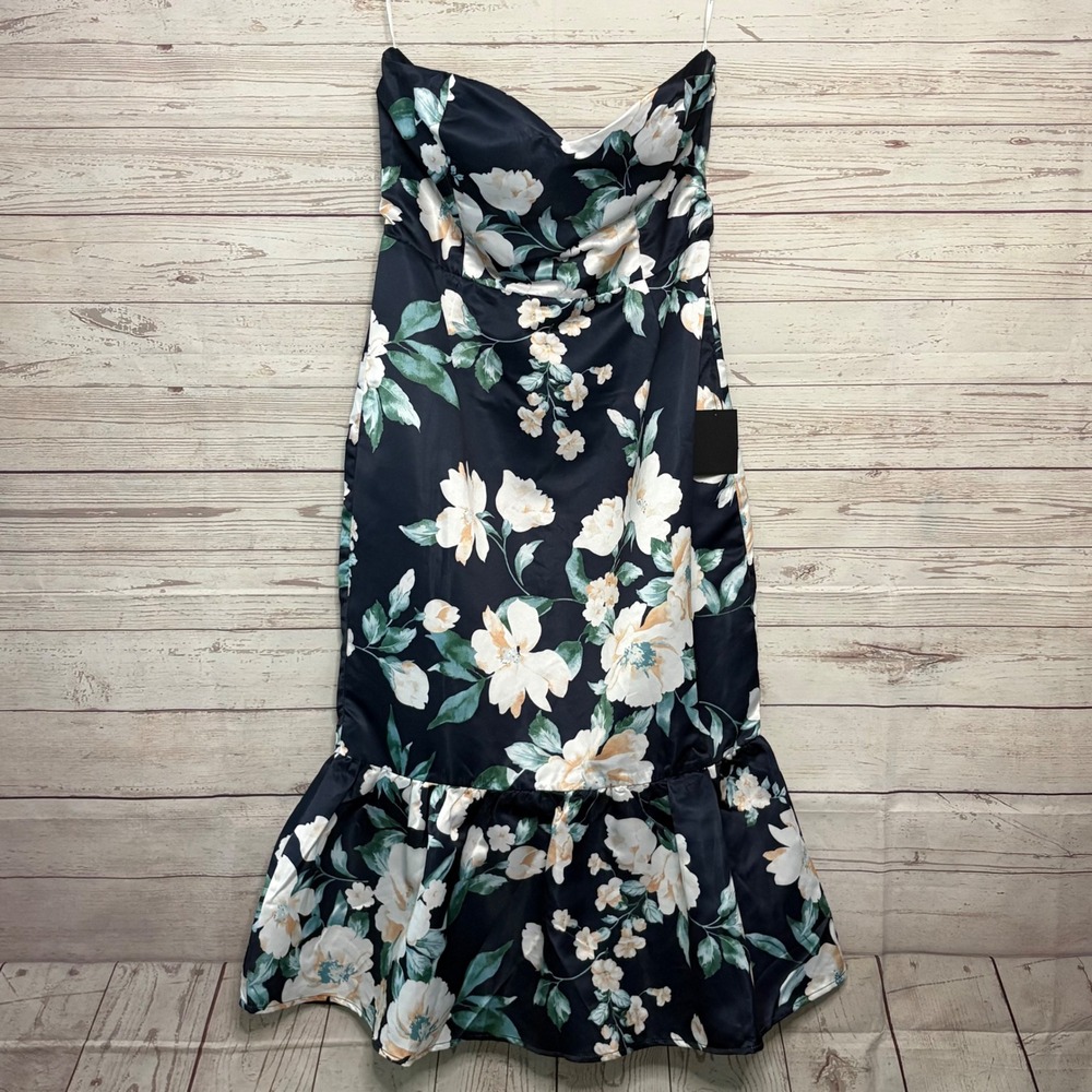 Lulus Navy Blue Floral Satin Strapless Mermaid Midi Dress XL NWT